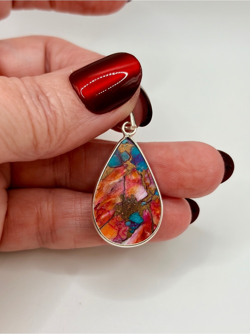 925 Sterling Silver Pink Dahlia Turquoise Pendant - Picture 2 of 9